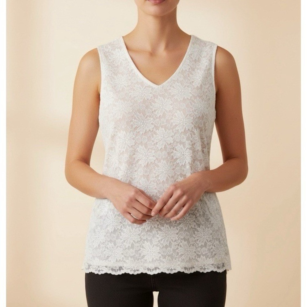 Monterey Bay Lace Tank Top Women S Ivory V-Neck Floral Shimmer Layered Sleeveles